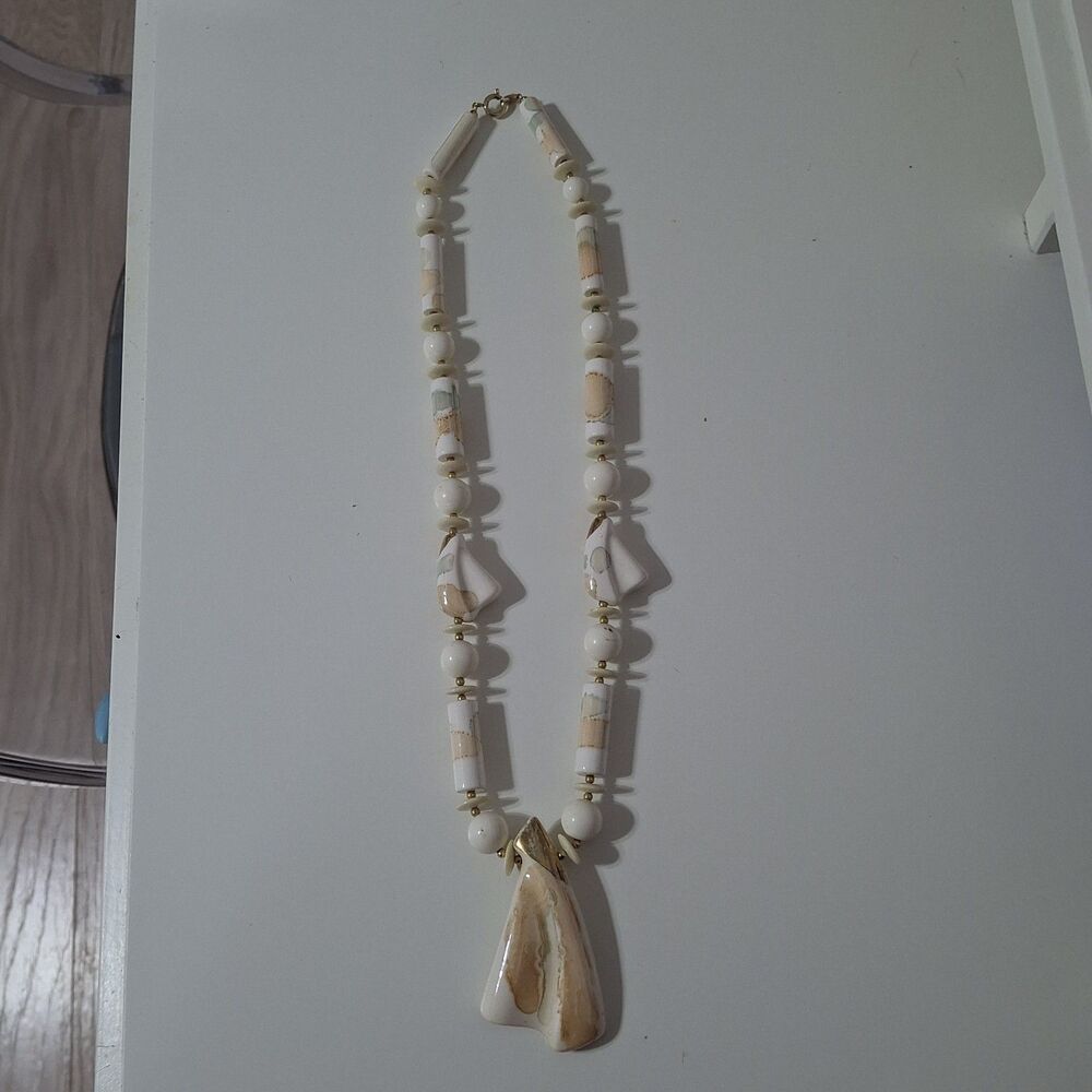 White Beige Gold Tone Japan Ceramic Round Beaded Statement Pendant Necklace